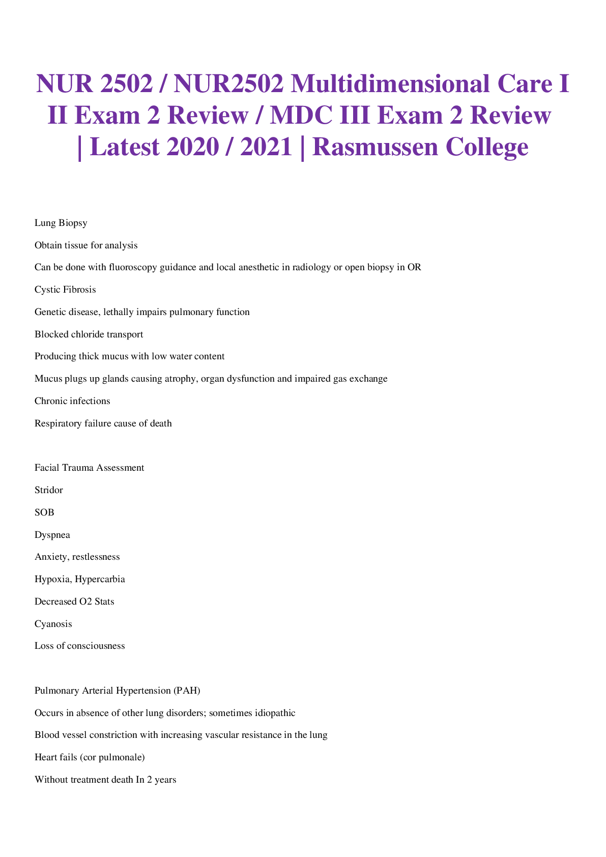 Preview of NUR 2502 / NUR2502 Multidimensional Care III Exam 2 Review / MDC III Exam 2 Review | Lates